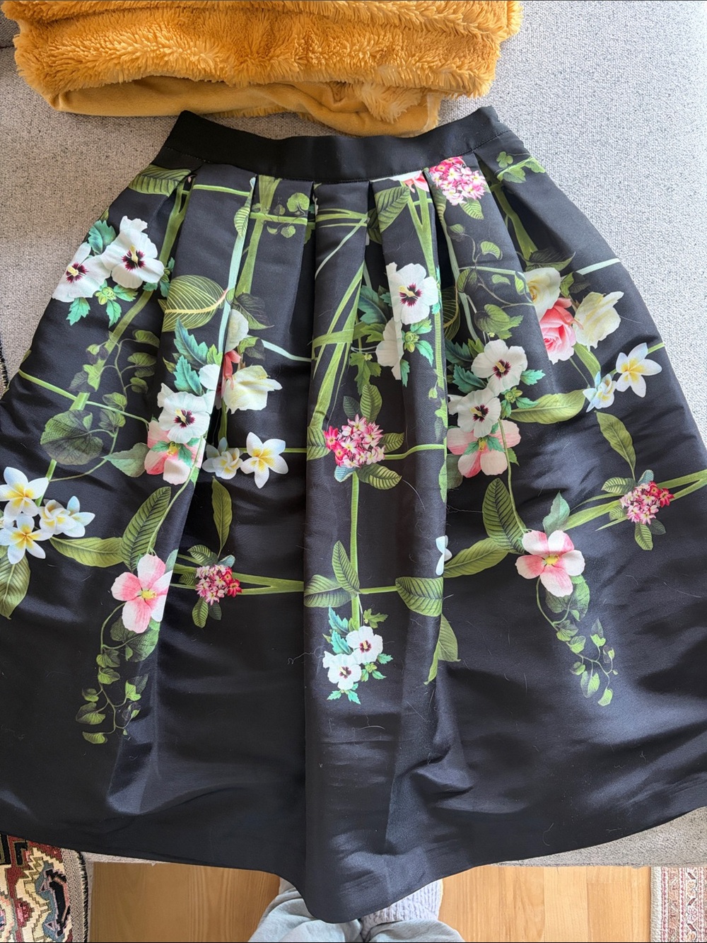 Black Floral Ted baker Pleated Midi Skirt